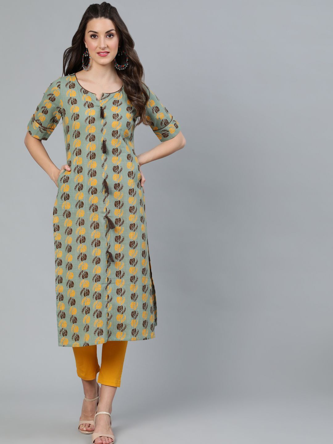 Women's Green & Brown Printed Straight Kurta - AKS