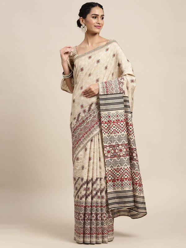 Women's Bhagalpuri Silk Beige Printed Saree With Blouse Piece - Odette