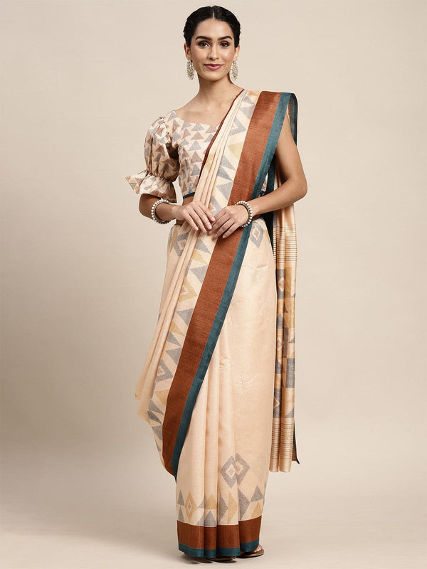 Women's Bhagalpuri Silk Beige Printed Saree With Blouse Piece - Odette