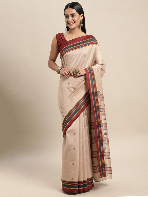 Women's Bhagalpuri Silk Beige Printed Saree With Blouse Piece - Odette