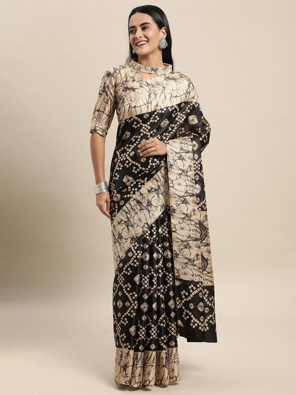 Women's Bhagalpuri Silk Black Printed Saree With Blouse Piece - Odette