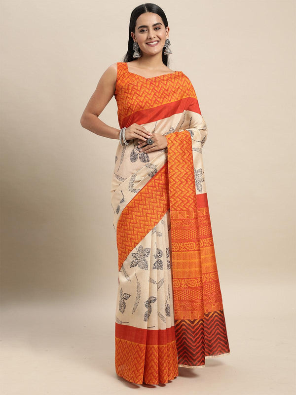 Women's Bhagalpuri Silk Cream Printed Saree With Blouse Piece - Odette