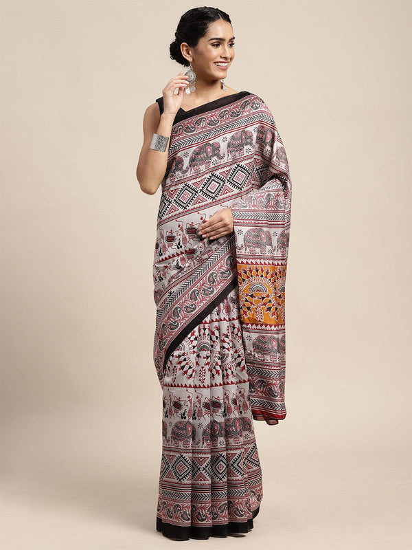 Women's Bhagalpuri Silk Grey Printed Saree With Blouse Piece - Odette