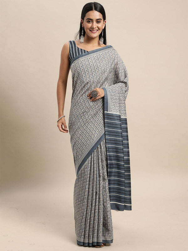 Women's Bhagalpuri Silk Grey Printed Saree With Blouse Piece - Odette