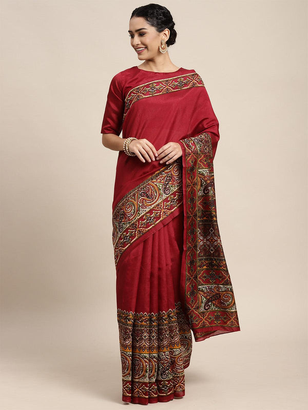 Women's Bhagalpuri Silk Maroon Printed Saree With Blouse Piece - Odette