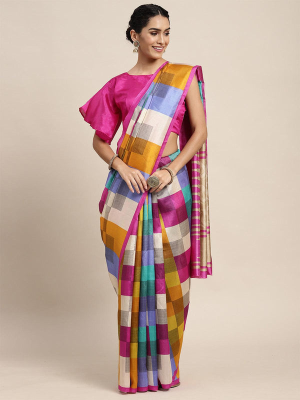 Women's Bhagalpuri Silk Multi Colored Printed Saree With Blouse Piece - Odette