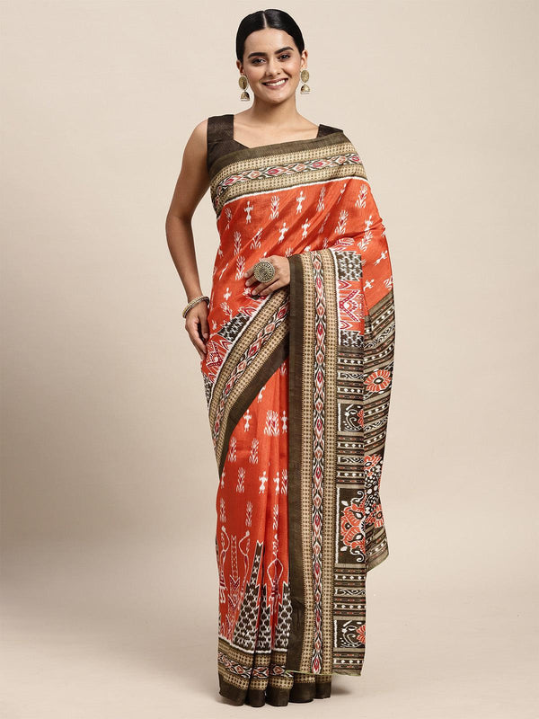 Women's Bhagalpuri Silk Orange Printed Saree With Blouse Piece - Odette