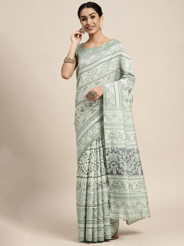 Women's Bhagalpuri Silk Sea Green Printed Saree With Blouse Piece - Odette