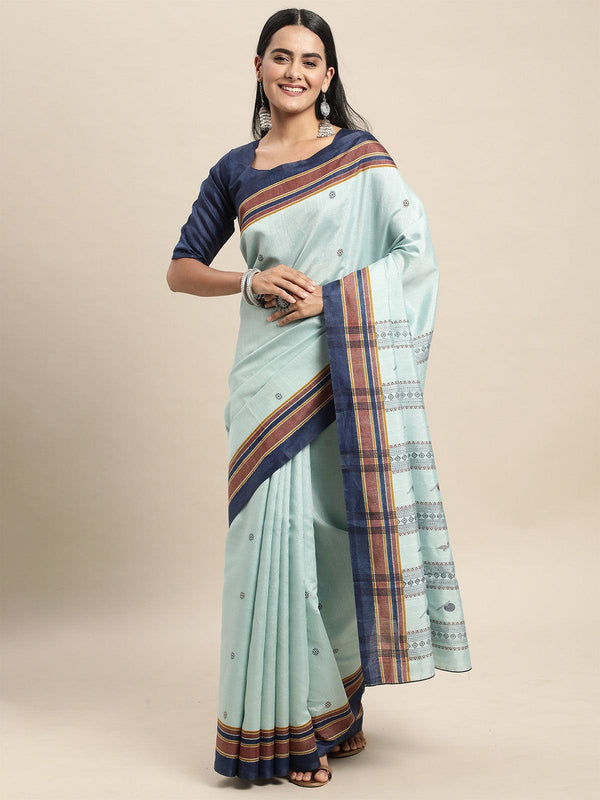 Women's Bhagalpuri Silk Turquoise Printed Saree With Blouse Piece - Odette