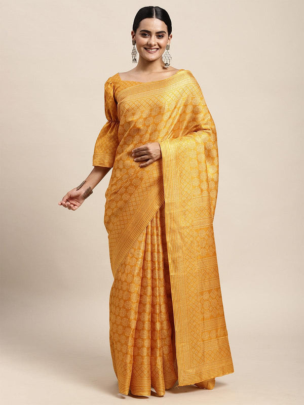 Women's Bhagalpuri Silk Yellow Printed Saree With Blouse Piece - Odette