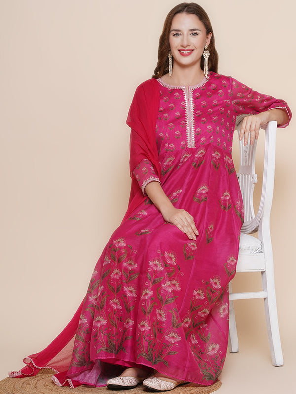 Pink Floral Printed A-line Kurta with Pink palazzos & Dupatta