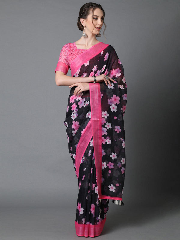 Women's Black & Pink Casual Linen Printed Saree With Unstitched Blouse - Odette