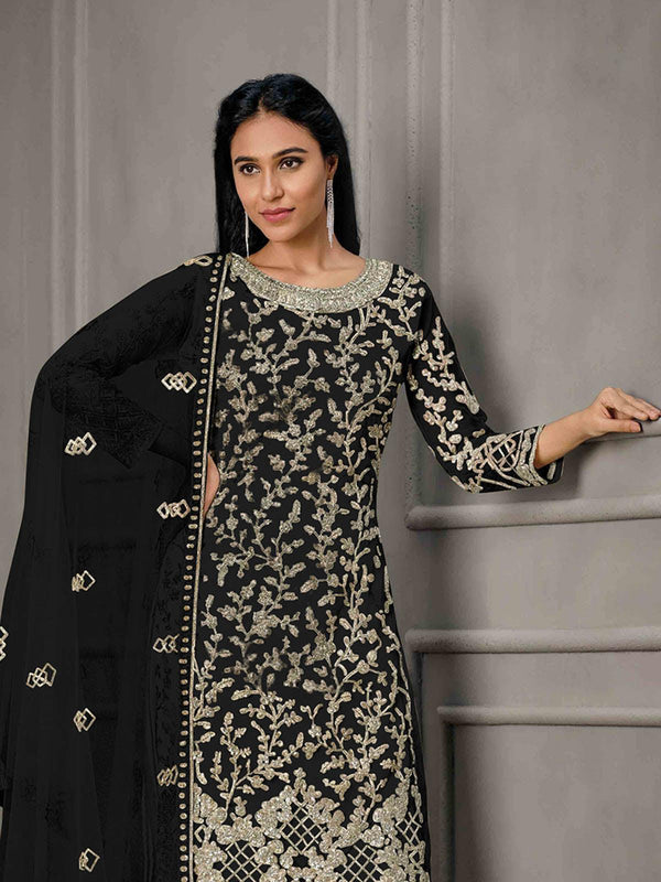 Women's Black Butterfly Net Embroidered Kurta Set - Odette