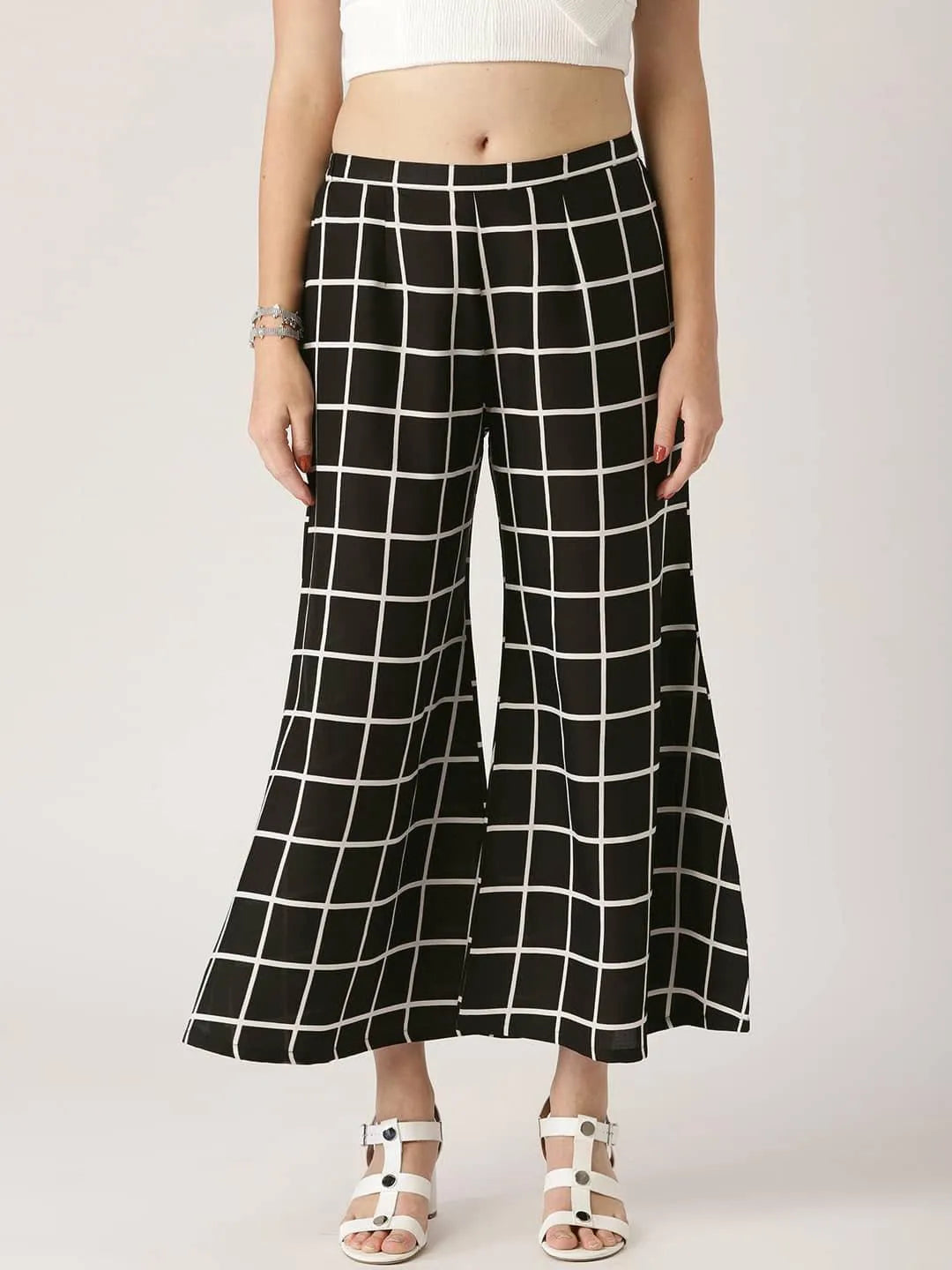 Black Checkered Crepe Palazzos - Jashvi