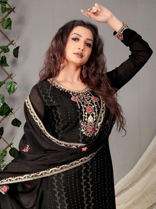 Women's Black Chinon Heavy Designer Embroidery Kurta Set - Odette