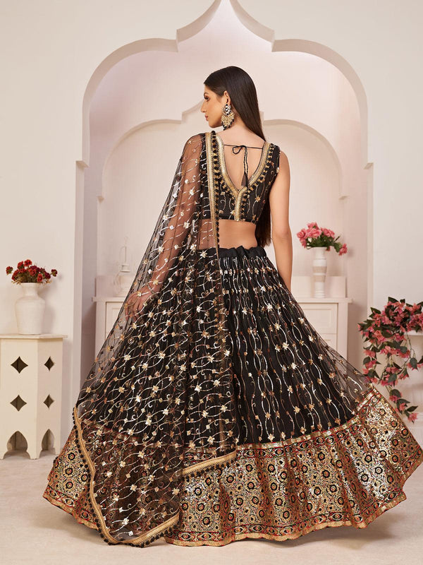 Women's Black Color Mono Net Fabric Heavy Designer Lehenga - Odette