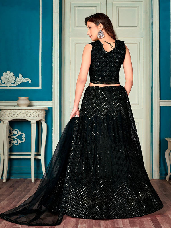 Women's Black Color Net Base Heavy Designer Lehenga - Odette