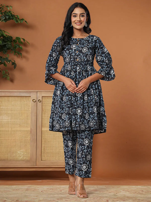 Black Cotton Maternity Peplum Kurta Pants Set