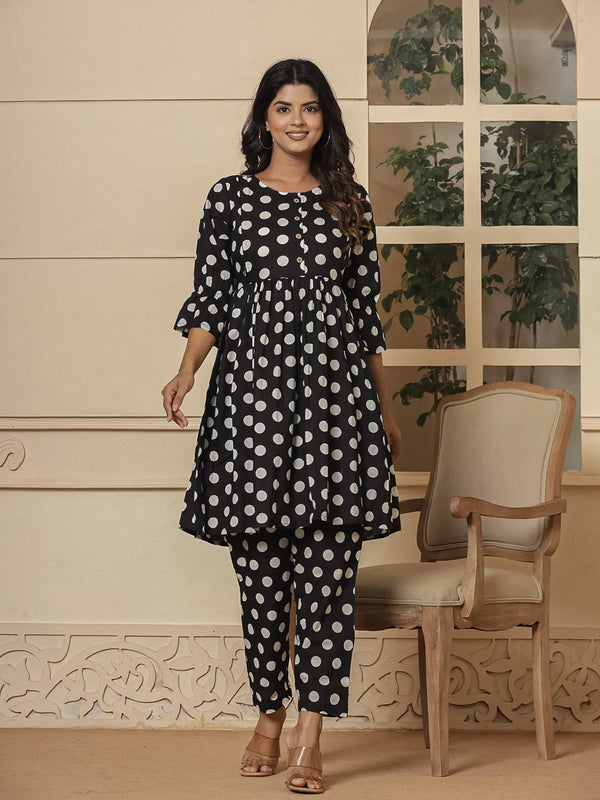 Black Cotton Polka Dot Print Maternity Wear Kurta Pants Set