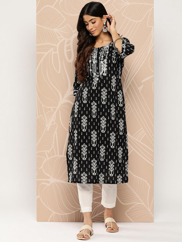 Black Embellished Cotton Straight Kurta - Jashvi