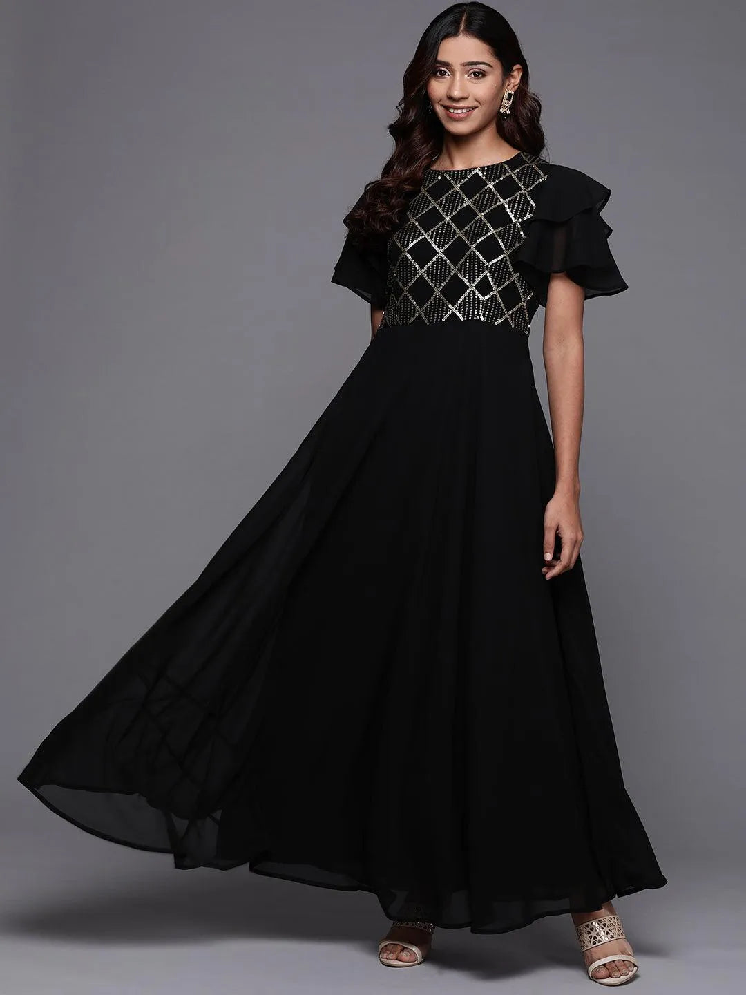 Black Embellished Georgette Fit and Flare Dress - Jashvi