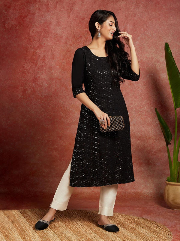 Black Embellished Rayon Straight Kurta - Jashvi