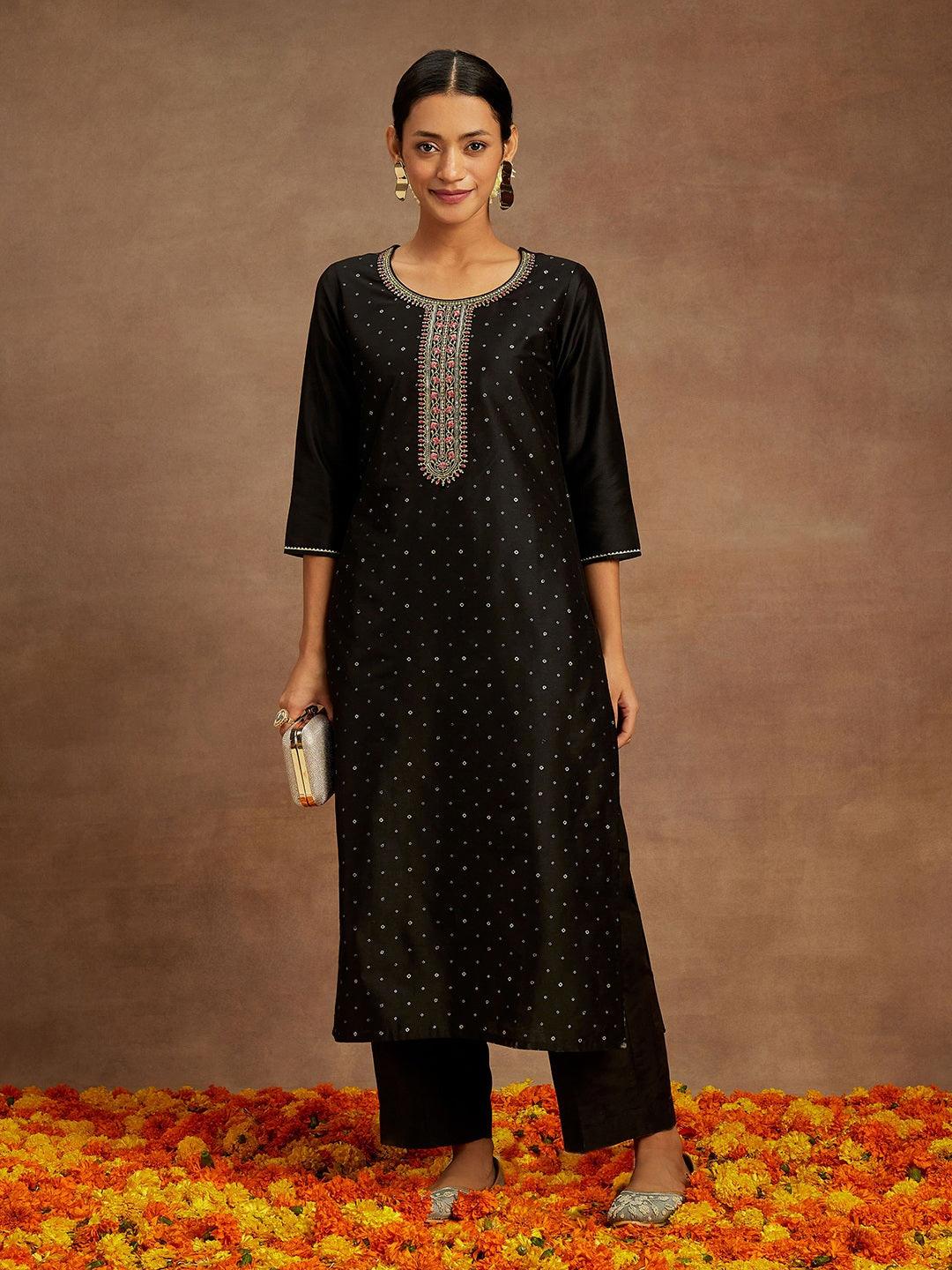 Black Embellished Silk Straight Kurta - Jashvi