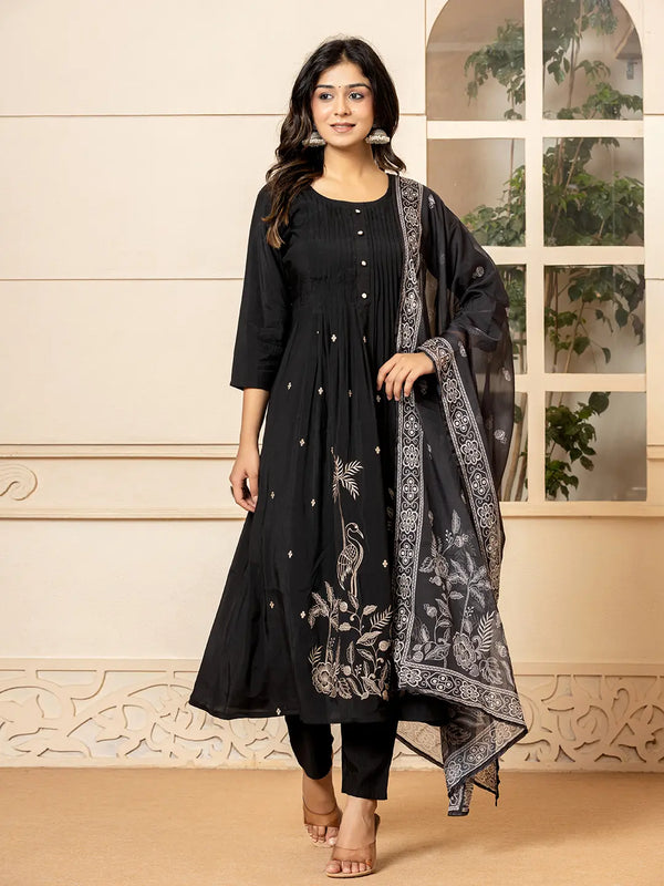 Black Embroidered A-Line Kurta Dupatta Pant Set