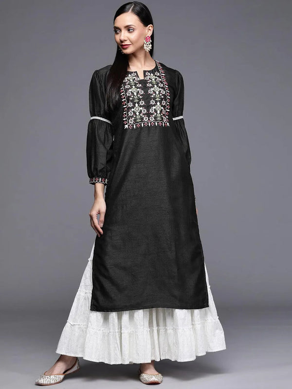 Black Embroidered Chanderi Silk Kurta - Jashvi