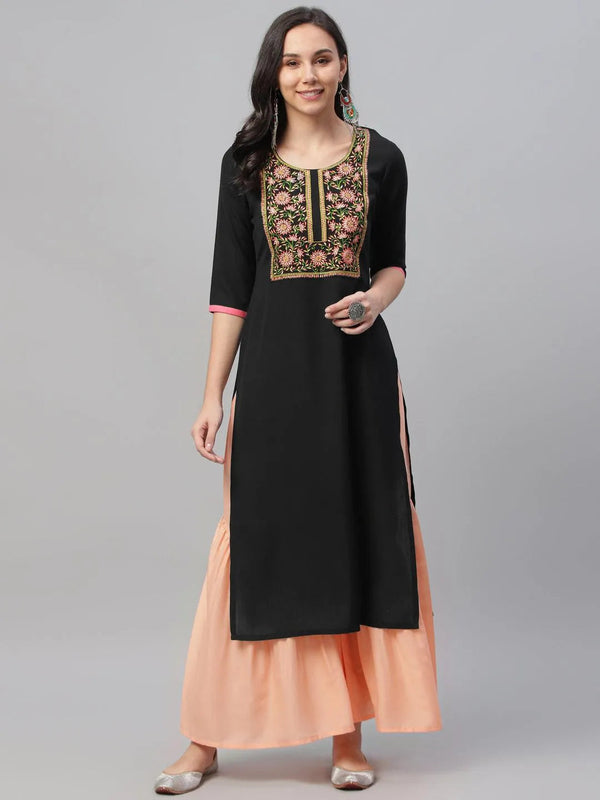 Black Embroidered Cotton Kurta - Jashvi