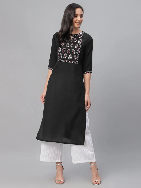 Black Embroidered Cotton Kurta - Jashvi