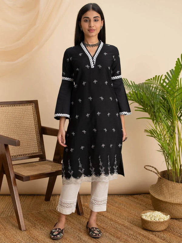 Black Embroidered Cotton Kurta - Jashvi