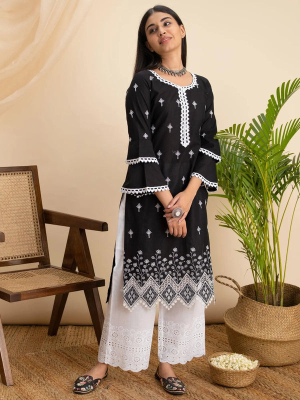 Black Embroidered Cotton Kurta - Jashvi