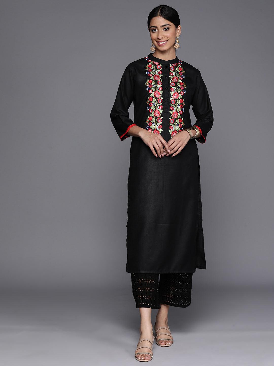 Black Embroidered Cotton Straight Kurta - Jashvi