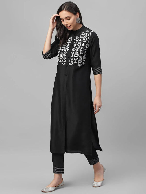 Black Embroidered Crepe Kurta - Jashvi