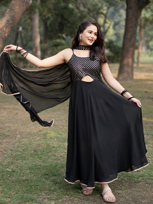 Black Embroidered Georgette A-Line Kurta With Trousers & Dupatta - Jashvi