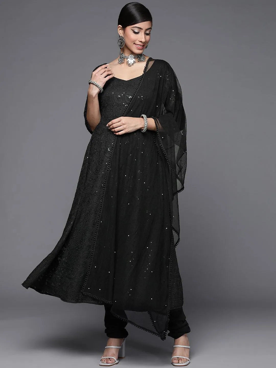 Black Embroidered Georgette Anarkali Suit Set - Jashvi