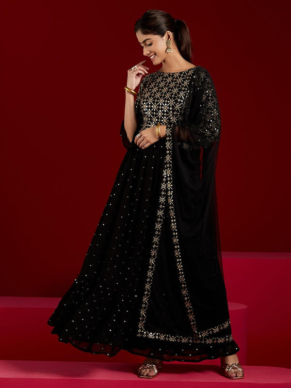 Black Embroidered Georgette Anarkali Kurta With Trousers & Dupatta - Jashvi