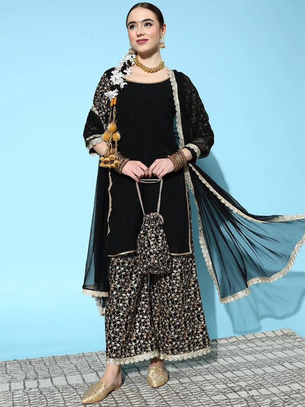 Black Embroidered Georgette Straight Suit Set With Palazzos and Potli - Jashvi