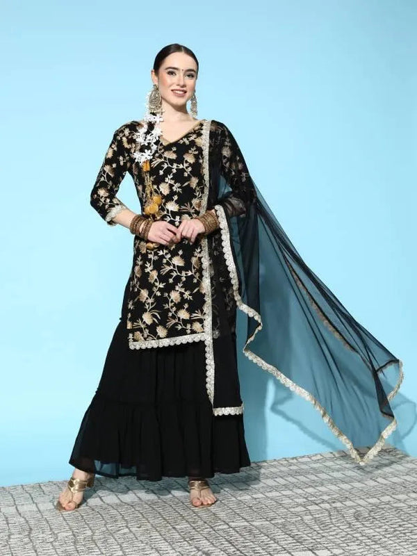 Black Embroidered Georgette Straight Suit Set With Sharara and Potli - Jashvi