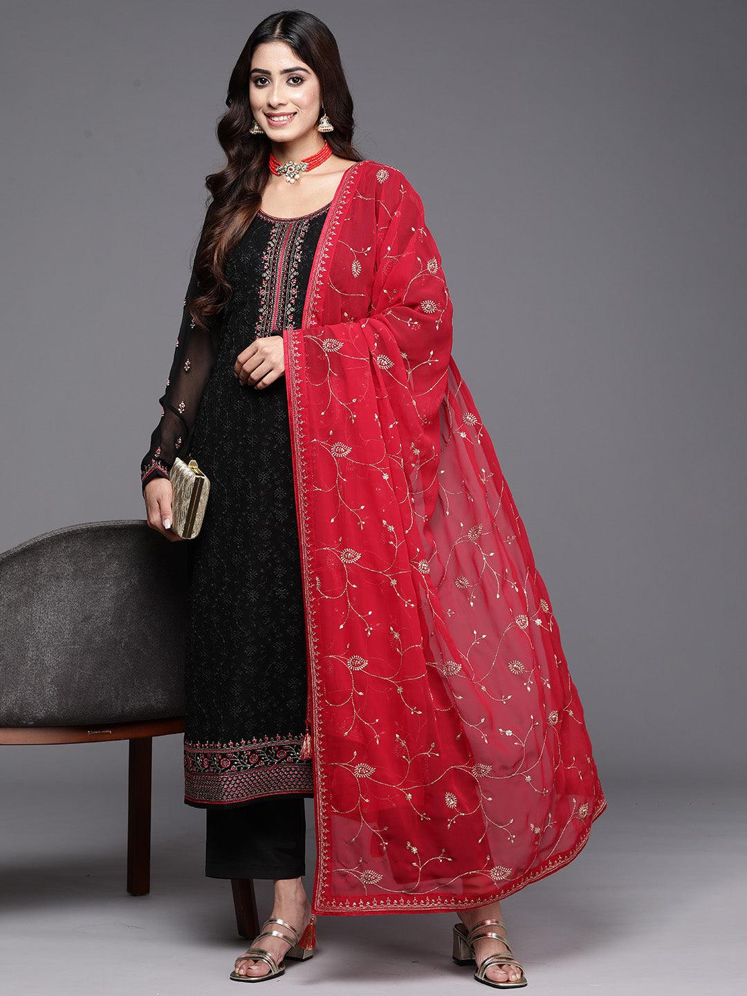 Black Embroidered Georgette Straight Kurta With Trousers & Dupatta - Jashvi