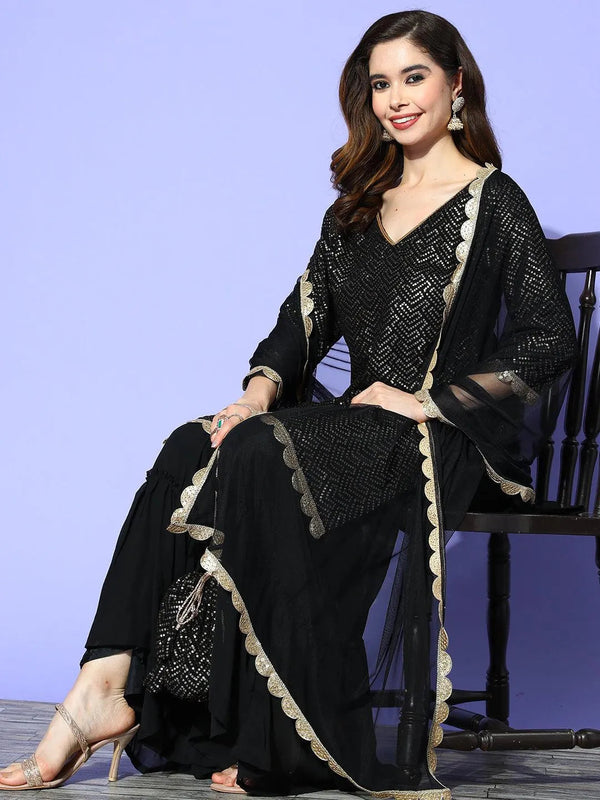 Black Embroidered Georgette Straight Sharara Suit Set With Dupatta - Jashvi