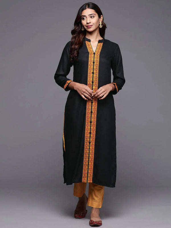 Black Embroidered Pashmina Wool Straight Kurta - Jashvi