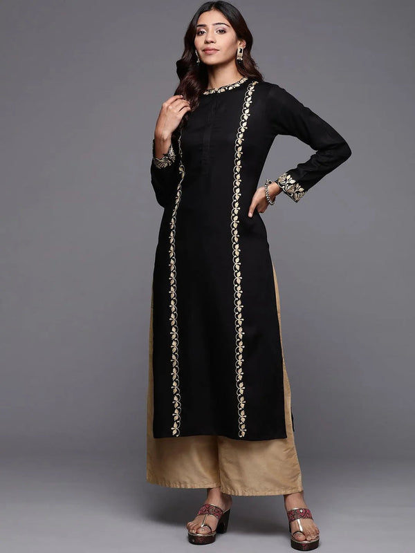 Black Embroidered Pashmina Wool Straight Kurta - Jashvi