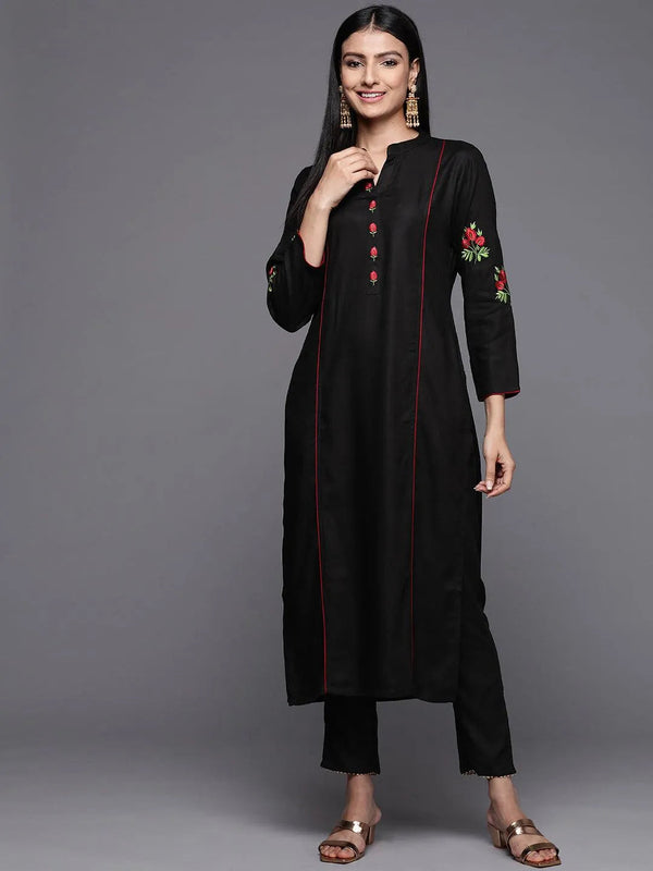 Black Embroidered Pashmina Wool Straight Kurta - Jashvi