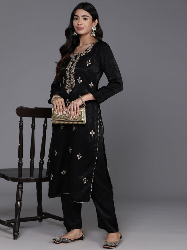 Black Embroidered Polyester Straight Kurta With Trousers - Jashvi