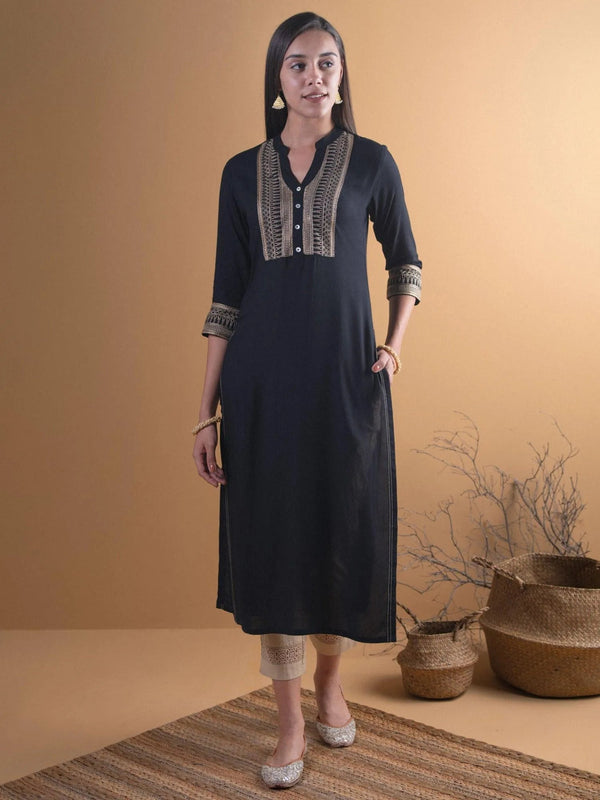 Black Embroidered Rayon Kurta - Jashvi