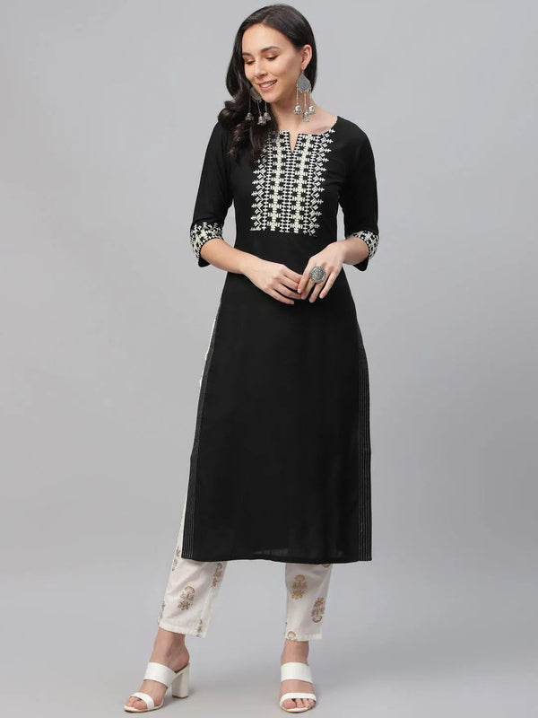 Black Embroidered Rayon Kurta - Jashvi