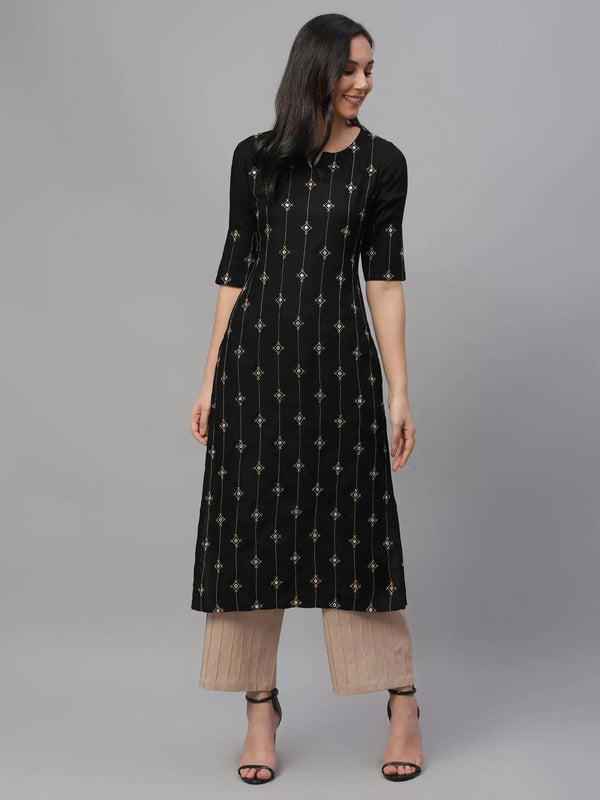 Black Embroidered Rayon Kurta - Jashvi