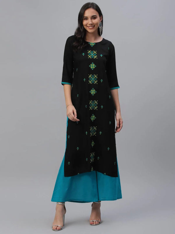 Black Embroidered Rayon Kurta - Jashvi